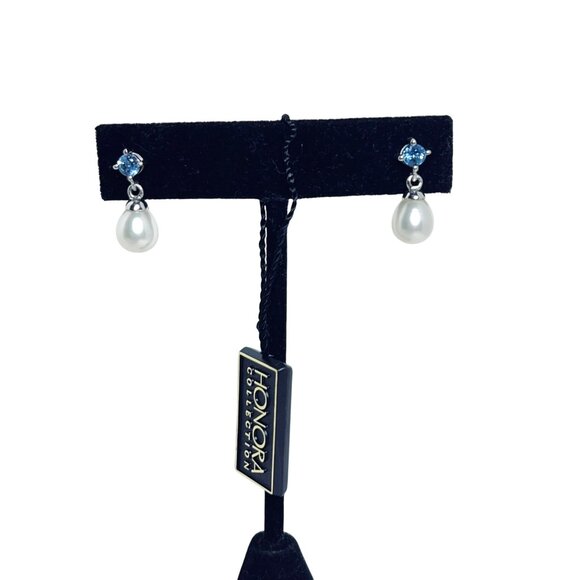 Honora Sterling Silver, Pearls And Blue Topaz Rhinestone Earrings (5977-1-2) - Picture 2 of 9